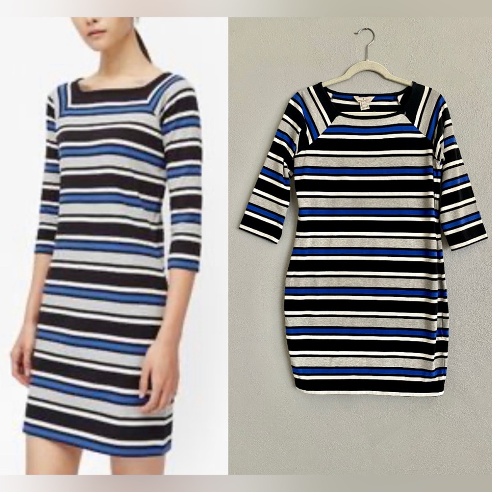 French Connection Dress Size 10 Black Blue Stripe Jersey Bodycon Long Sleeve